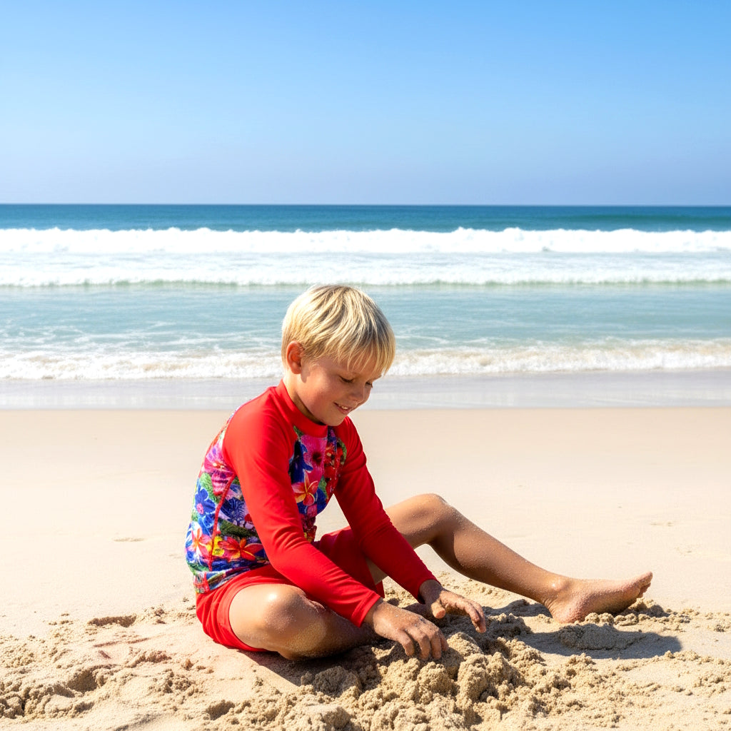 swim set with long sleeve rashie top in floral and red with knee length shorts