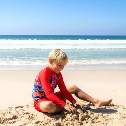 swim set with long sleeve rashie top in floral and red with knee length shorts