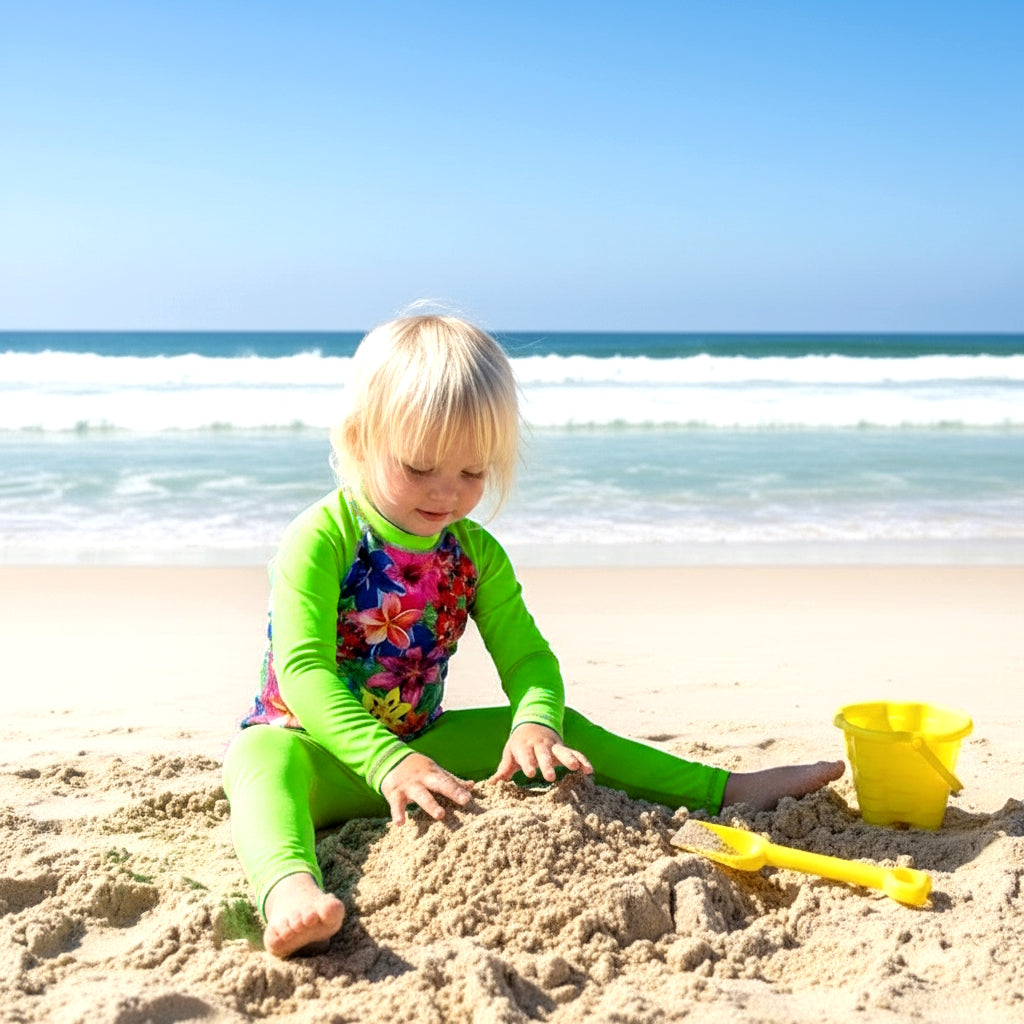 swim set with long sleeve rashie top in floral and fluro LIME with full length leggings