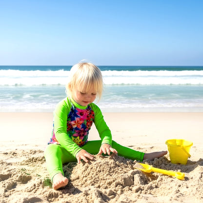 swim set with long sleeve rashie top in floral and fluro LIME with full length leggings