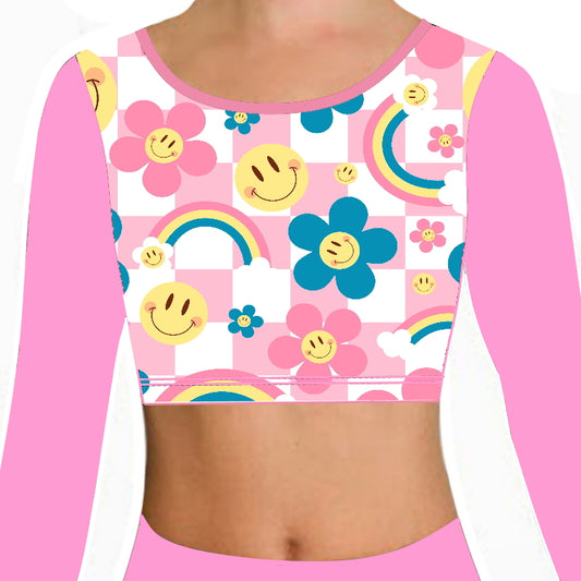 BE HAPPY LONG SLEEVE CROP TOP & SHORTS SET - SUGAR PINK