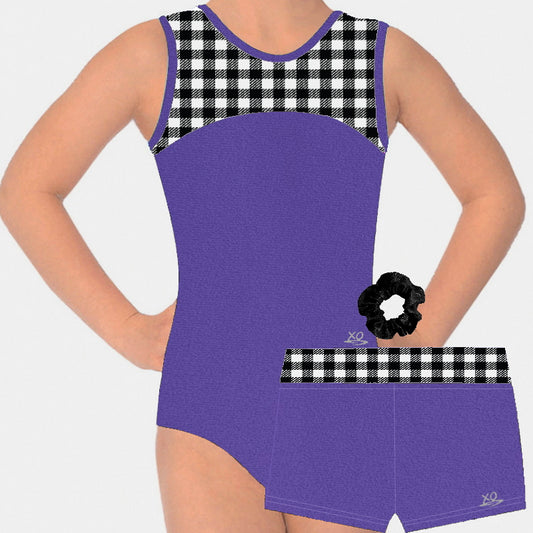 PURPLE CHECKS LEOTARD & SHORTS SET