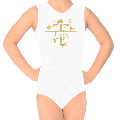 CHRISTMAS INITIAL - WHITE SPARKLE - LEOTARD or BIKETARD