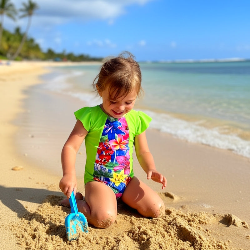 Fluro lime and floral swimsuit with flutter sleeves