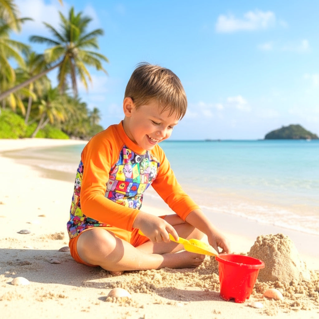 Long sleeve fluro orange rashie and shorts swim set