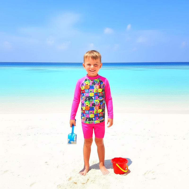 Long sleeve fluro pink rashie and shorts swim set