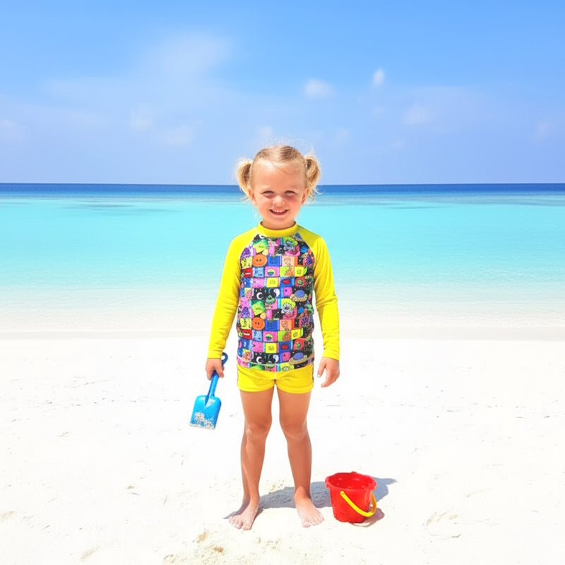 Long sleeve fluro yellow rashie and shorts swim set