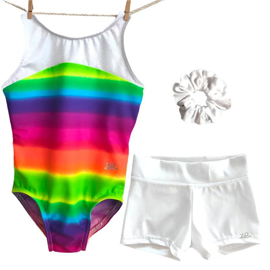 WHITE RAINBOW LEOTARD & SHORTS SET