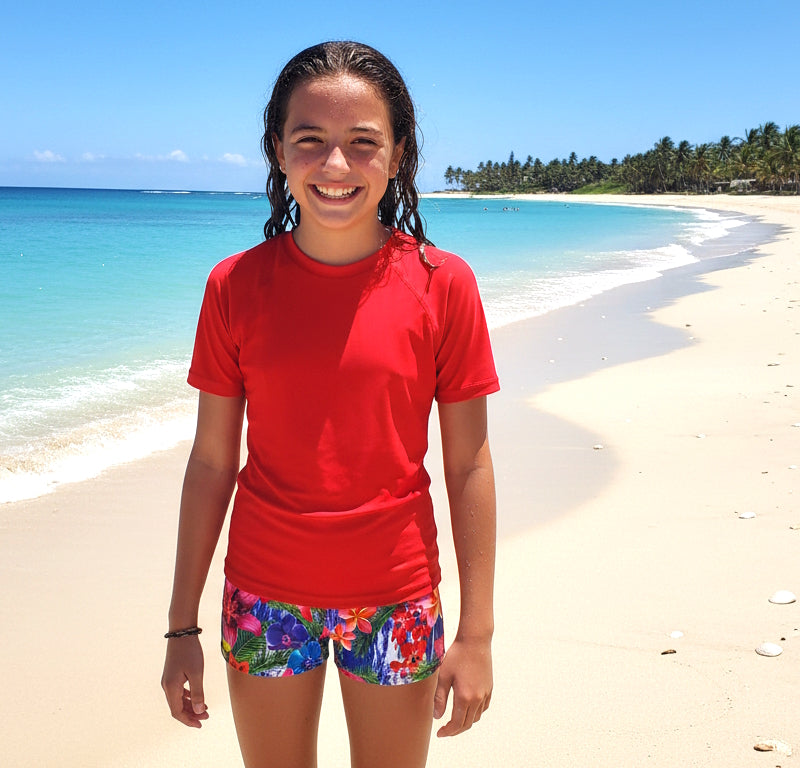 ALOHA RED SHORT SLEEVE RASHIE & SHORTS SET