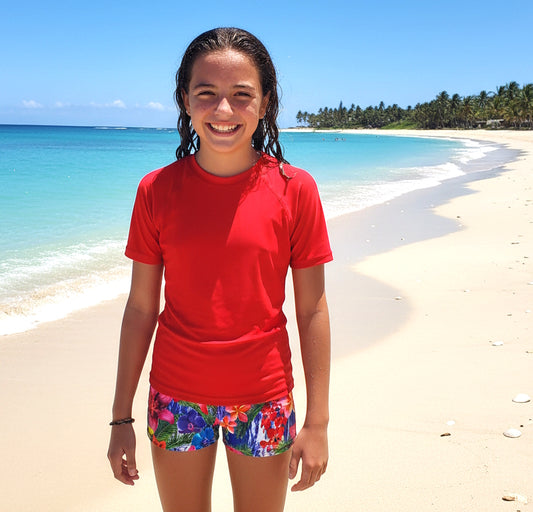 ALOHA RED SHORT SLEEVE RASHIE & SHORTS SET