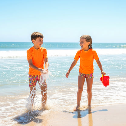 Fluro coloured rashie and shorts swim set