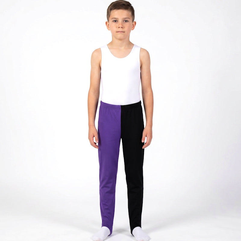 boys half purple half black gymnastics longs stirrup pants INSPIRE xo