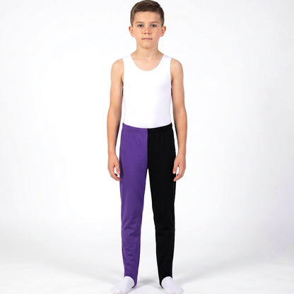 boys half purple half black gymnastics longs stirrup pants INSPIRE xo