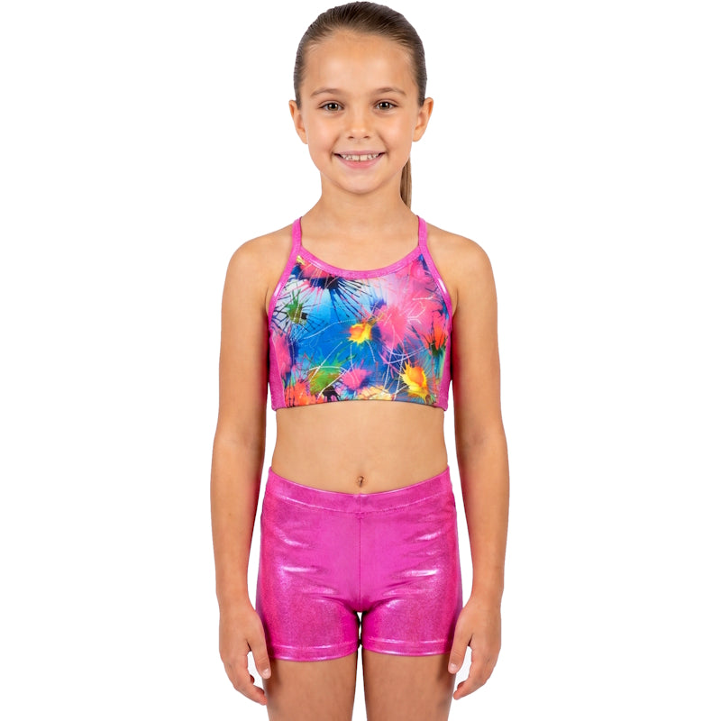 girl wearing fluro pink gymnastics crop top and shorts set