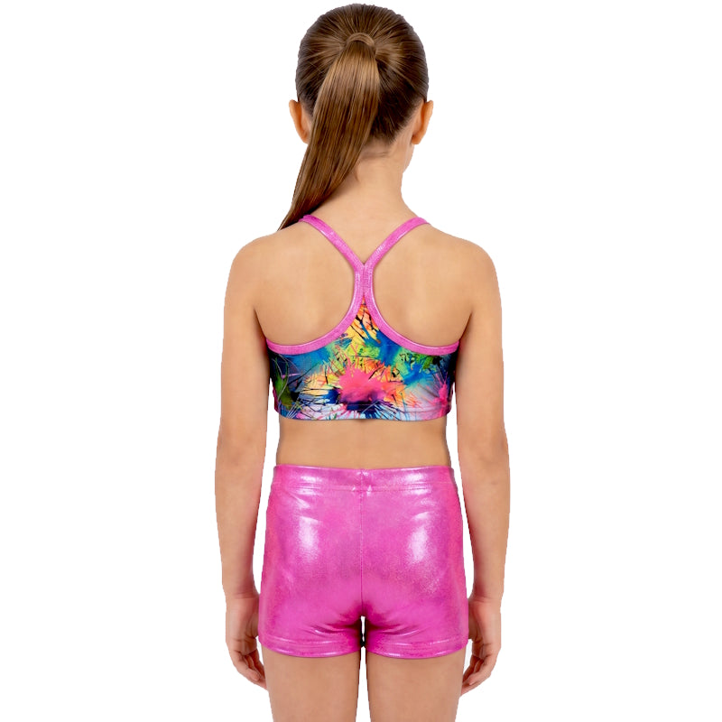 girl wearing fluro pink gymnastics crop top and shorts set