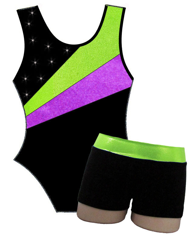 Black Purple Lime Crystals Leotard Shorts Velvet Lycra Set Gymnastics Dance Inspire xo