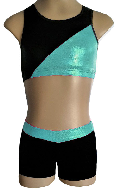 Mint Black Crop Top Shorts Set Racerback Lycra Velvet Gymnastics Dance Inspire xo