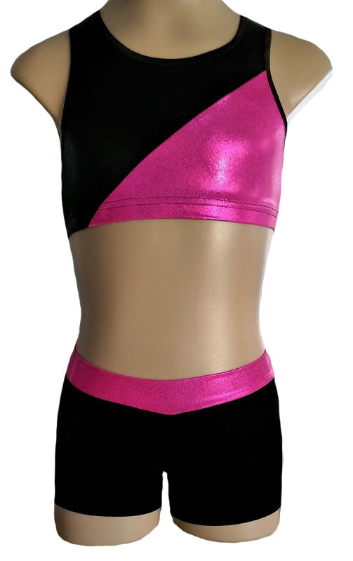 Pink Black Racerback Crop Top Velvet Lycra Shorts Set Gymnastics Dance Gym Inspire xo