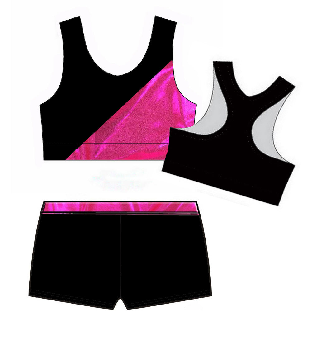 Pink Black Racerback Crop Top Velvet Lycra Shorts Set Gymnastics Dance Gym Inspire xo