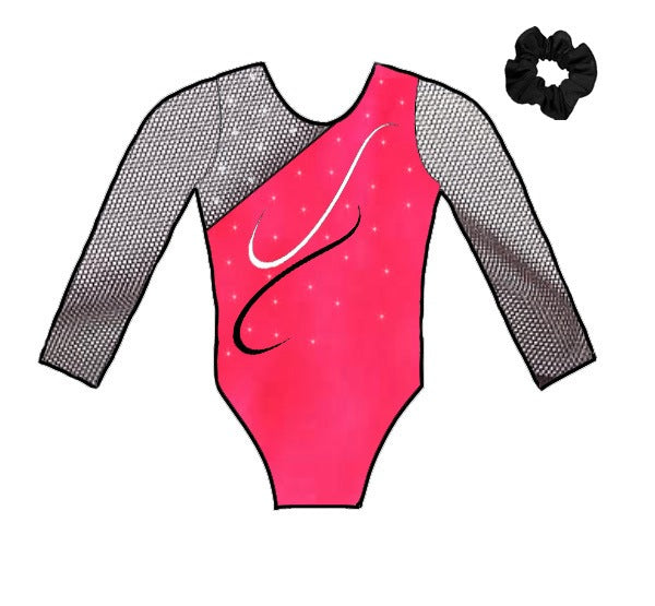 pomegranate pink red black mesh competition leotard crystals Scrunchie gymnastics dance Inspire xo